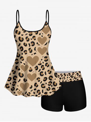 Valentine's Day Leopard Heart Print Boyleg Tankini Swimsuit - LIGHT COFFEE - XS