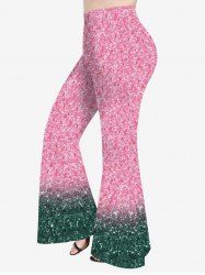 Pantalon Evasé 3D Paillettes en Blocs de Couleurs de Grande Taille à Paillettes - Rose clair M