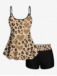 Valentine's Day Leopard Heart Print Boyleg Tankini Swimsuit -  