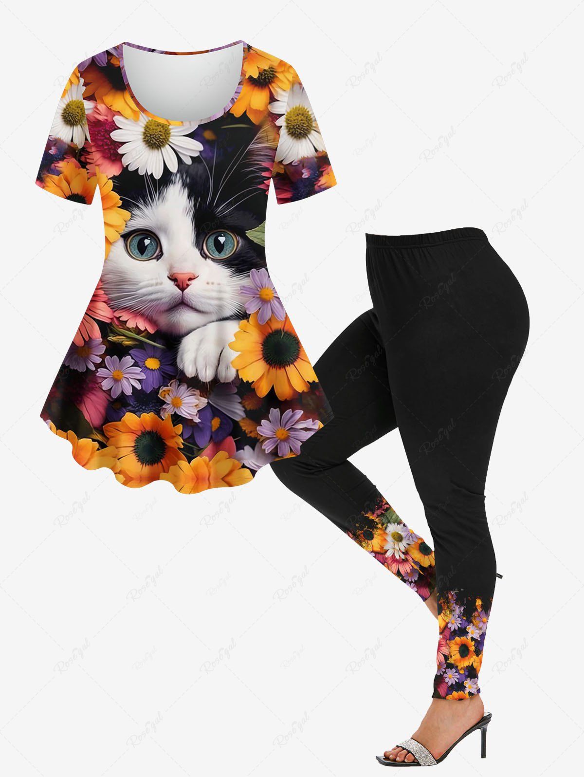 Fashion Colorful Sunflowers Cat Printed T-shirt and Colorful Sunflower Printed Leggings Plus Size Matching Set  