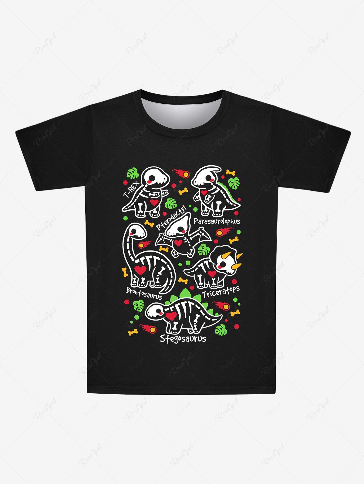Fancy Gothic Cute Dinosaur Letters Skeleton Heart Bone Print Short Sleeves T-shirt For Men  
