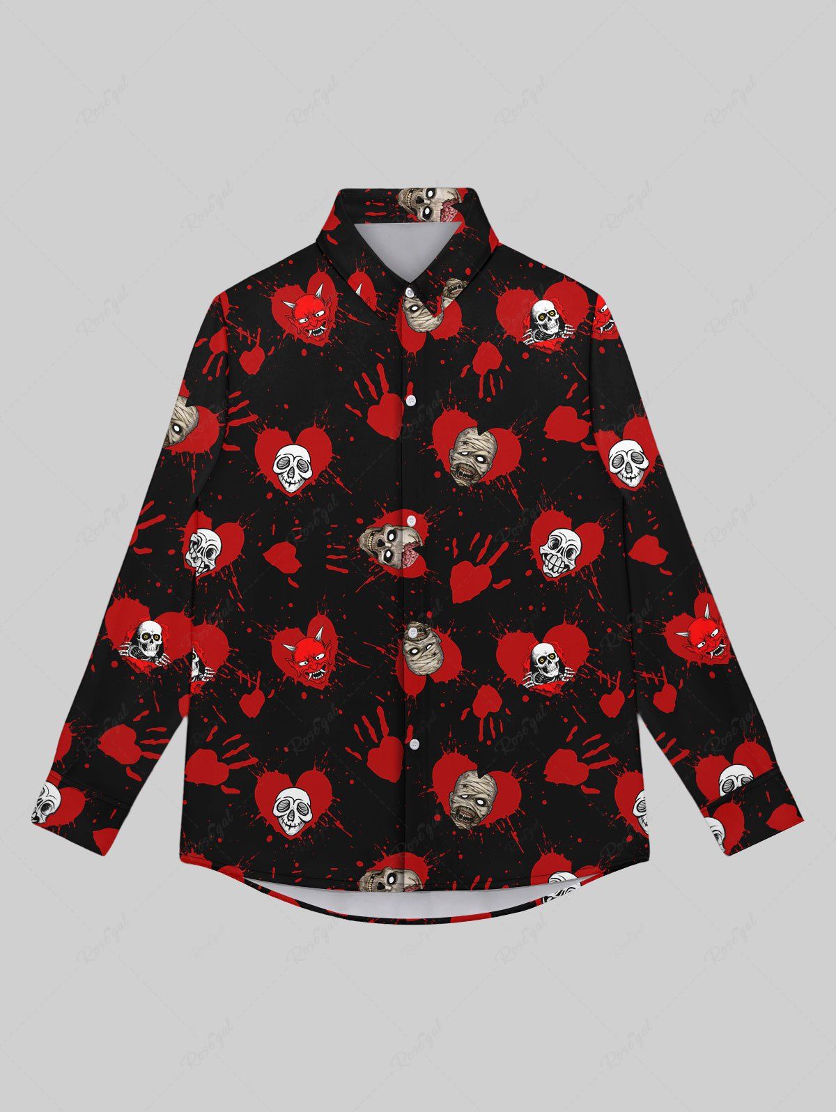 Affordable Gothic Turn-down Collar Bloody Heart Palm Skulls Print Valentines Buttons Shirt For Men  