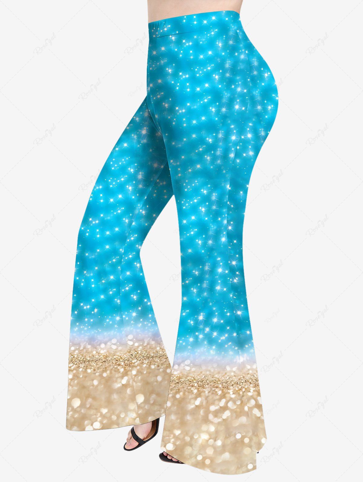 Pantalon Evasé 3D de Plage Imprimé de Grande Taille à Paillettes Bleu 6X