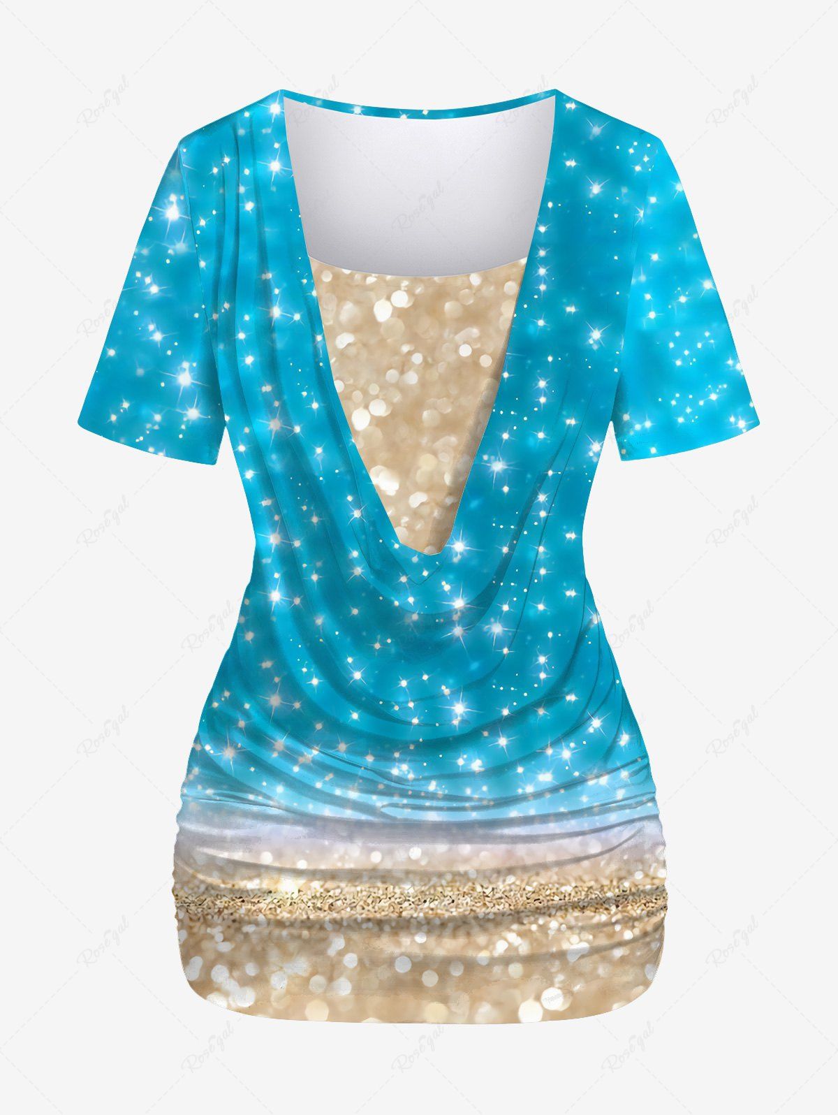 Best Plus Size Ocean Beach Colorblock Glitter Sparkling Sequin 3D Print Ruched 2 In 1 T-shirt  