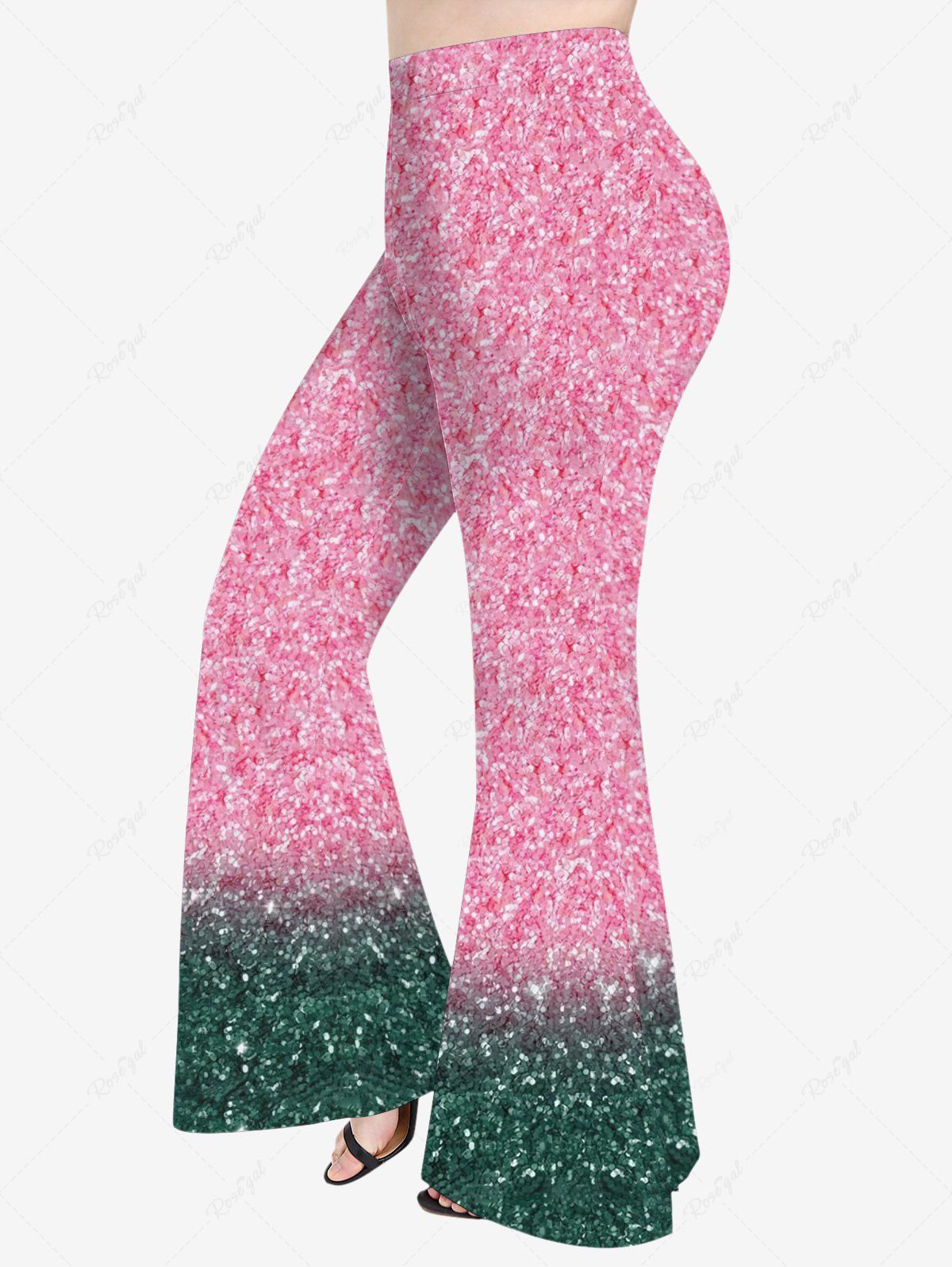 Trendy Plus Size Colorblock Sparkling Sequin Glitter 3D Print Flare Pants  