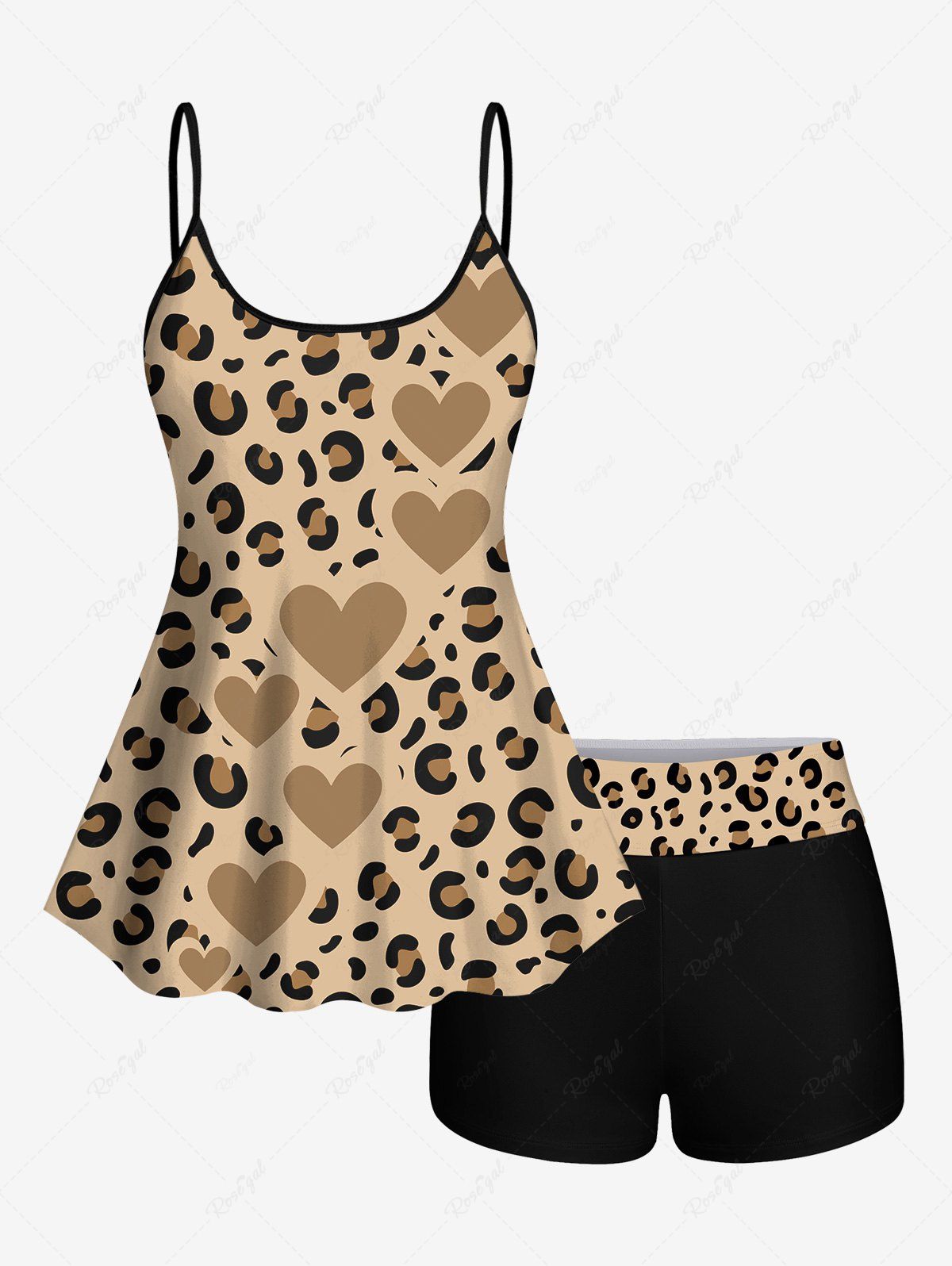 Discount Valentine's Day Leopard Heart Print Boyleg Tankini Swimsuit  