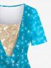 Plus Size Ocean Beach Colorblock Glitter Sparkling Sequin 3D Print Ruched 2 In 1 T-shirt -  