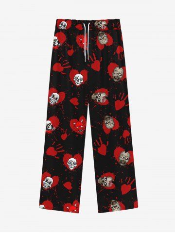 Gothic Bloody Heart Palm Skulls Print Valentines Drawstring Wide Leg Sweatpants For Men - BLACK - 2XL