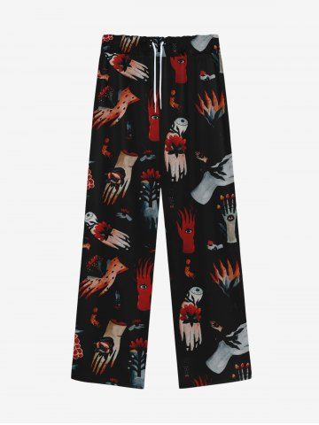Gothic Distressed Hand Eye Flower Print Drawstring Wide Leg Sweatpants For Men - BLACK - 2XL