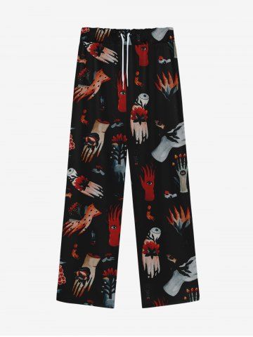 Gothic Distressed Hand Eye Flower Print Drawstring Wide Leg Sweatpants For Men - BLACK - 7XL
