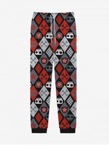 Gothic Skull Star Bone Geometric Plaid Colorblock Print Drawstring Pockets Sweatpants For Men - MULTI-A - S