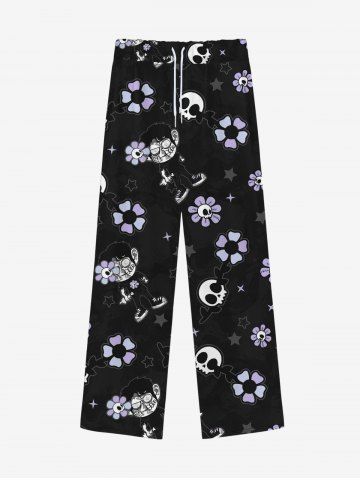 Gothic Skulls Star Sunflower Cartoon Boy Print Drawstring Wide Leg Sweatpants For Men - BLACK - 2XL