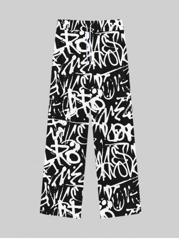 Gothic Messed Letters Print Drawstring Wide Leg Sweatpants For Men - BLACK - XL