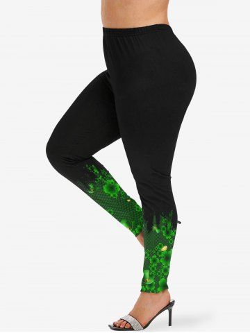 Plus Size Hat Lucky Four Leaf Clover Print Skinny Leggings - DEEP GREEN - 6X