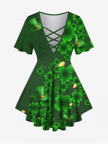 Plus Size Hat Ombre Four Leaf Clover Coin Pin Dot Print Lattice T-shirt - DEEP GREEN - 5X