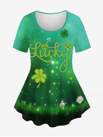 Plus Size Glitter Ombre Galaxy Lucky Four Leaf Clover Flower Grass Print T-shirt - DEEP GREEN - 3X