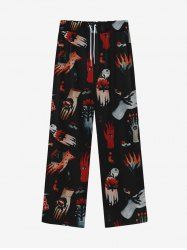 Pantalon de Survêtement Déchiré à Imprimé Fleur et Œil à Jambes Larges Style Gothique pour Homme - Noir 2XL