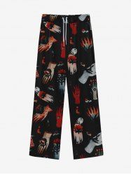 Gothic Distressed Hand Eye Flower Print Drawstring Wide Leg Sweatpants For Men -  