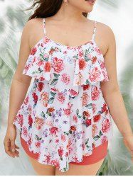 Plus Size Rose Flower Leaf Butterfly Print Layered Boyleg Tankini Swimsuit -  