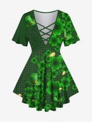 Plus Size Hat Ombre Four Leaf Clover Coin Pin Dot Print Lattice T-shirt -  