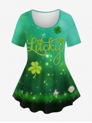 T-shirt grande taille à paillettes ombrées galaxie porte-bonheur trèfle à quatre feuilles et imprimé herbe - Vert profond L