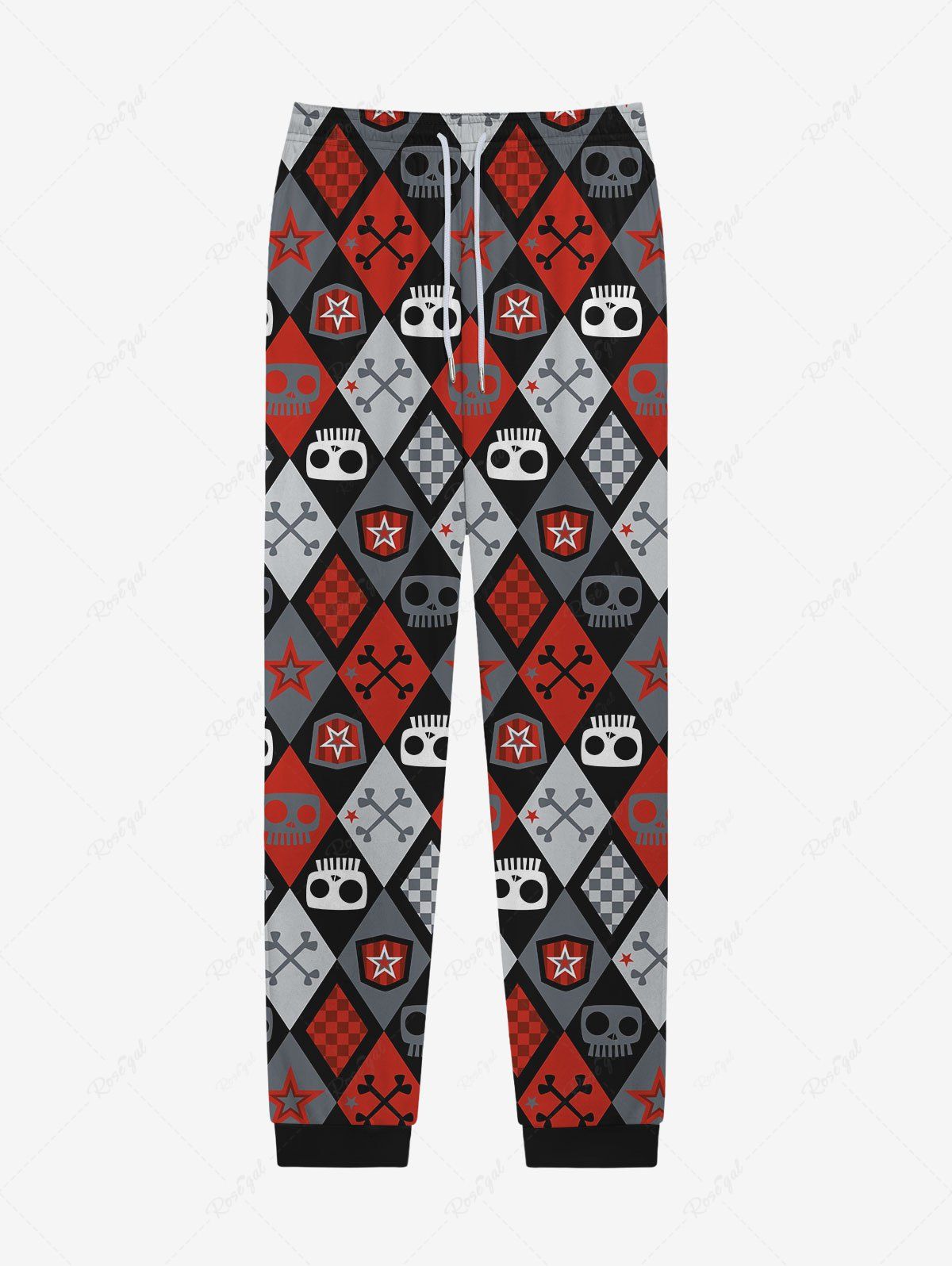 Fashion Gothic Skull Star Bone Geometric Plaid Colorblock Print Drawstring Pockets Sweatpants For Men  