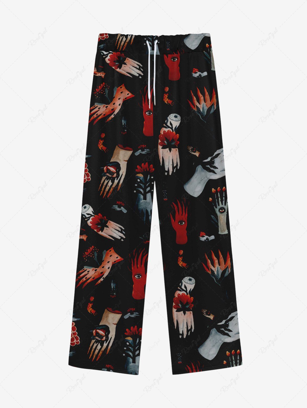 Outfit Gothic Distressed Hand Eye Flower Print Drawstring Wide Leg Sweatpants For Men  