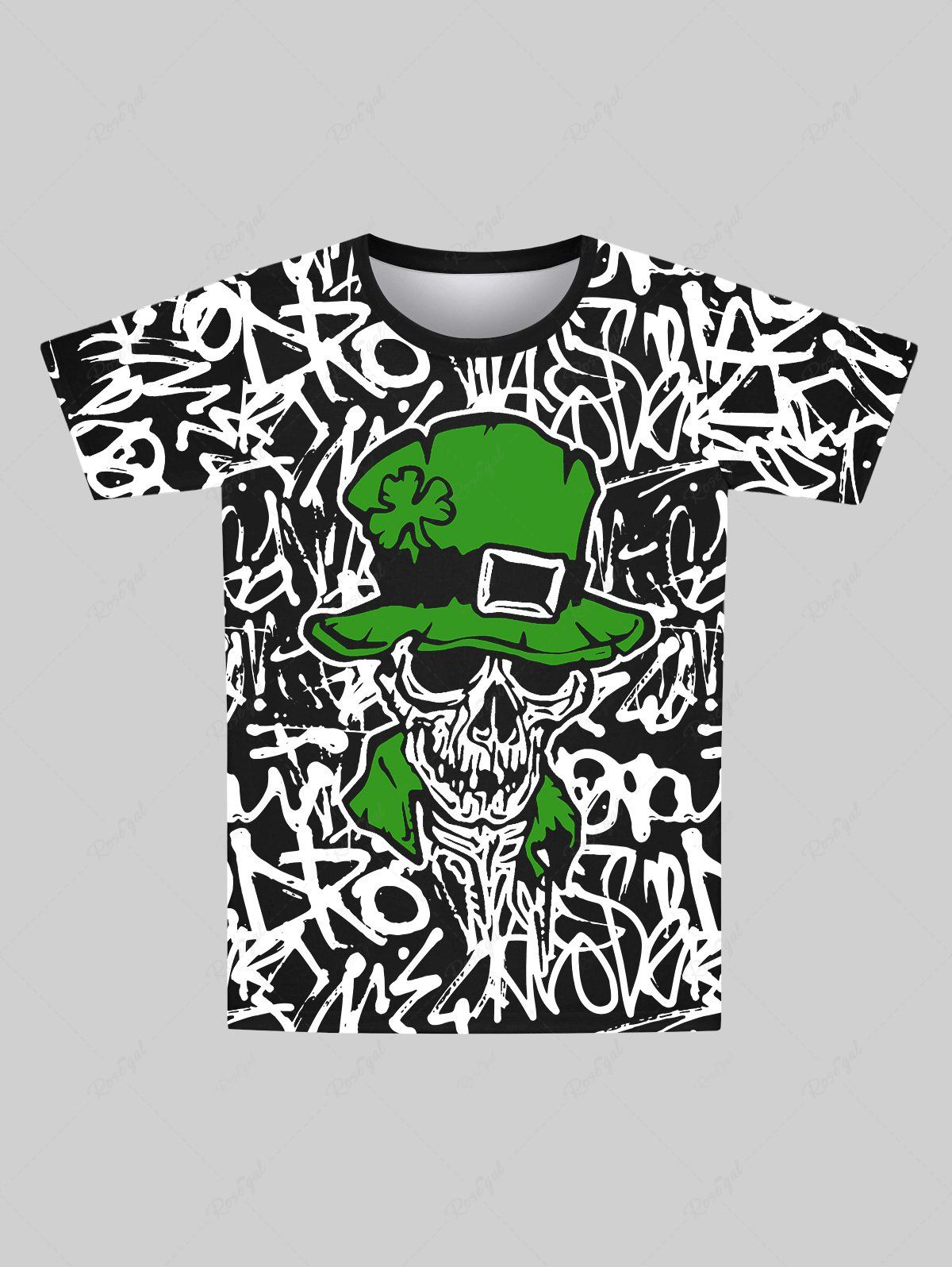 Online Gothic Messed Letters Lucky Four Leaf Clover Hat Skull Print T-shirt For Men  