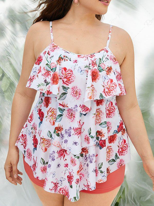 Shop Plus Size Rose Flower Leaf Butterfly Print Layered Boyleg Tankini Swimsuit  