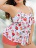 Plus Size Rose Flower Leaf Butterfly Print Layered Boyleg Tankini Swimsuit -  