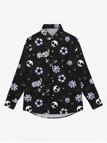 Chemise Gothique Imprimé Crâne et Fleurs à Col Rabattu avec Boutons pour Homme - BLACK - XL