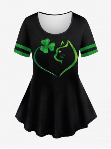 Plus Size Striped Sleeves Lucky Four Leaf Clover Cat Heart Print Valentines T-shirt - BLACK - 6X