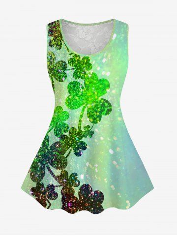 Plus Size Glitter Sparkling Ombre Lucky Four Leaf Clover Floral Lace Print Sleeveless Tank Top - GREEN - XS