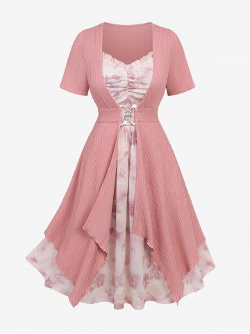 Plus Size Floral Print Mesh Ruffles Ruched Buckle Ribbed Textured Asymmetrical 2 In 1 Dress - LIGHT PINK - 4X | US 26-28