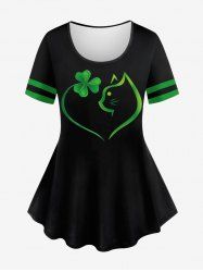 Plus Size Striped Sleeves Lucky Four Leaf Clover Cat Heart Print Valentines T-shirt -  