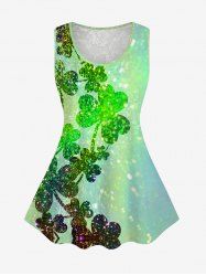 Plus Size Glitter Sparkling Ombre Lucky Four Leaf Clover Floral Lace Print Sleeveless Tank Top -  