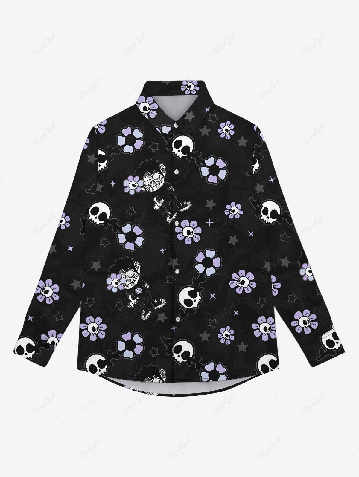 Chemise Gothique Imprimé Crâne et Fleurs à Col Rabattu avec Boutons pour Homme Noir XL