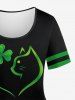 Plus Size Striped Sleeves Lucky Four Leaf Clover Cat Heart Print Valentines T-shirt -  