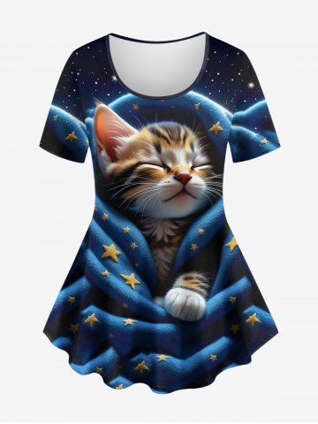 Plus Size Glitter 3D Cute Cat Blanket Stars Galaxy Print Short Sleeves T-shirt - DEEP BLUE - L