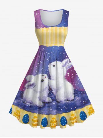 Plus Size Cute Rabbit Striped Colored Egg Ombre Galaxy Painting Splatter Print Sleeveless A Line Dress - PURPLE - L
