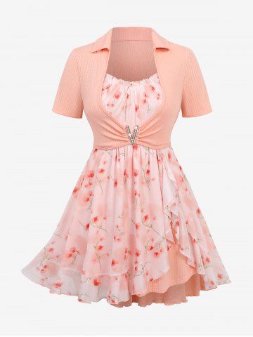 Plus Size Flower Print Ruffles Ruched V Buckle Ribbed Textured Tulip Hem Asymmetrical 2 In 1 Blouse - LIGHT ORANGE - M | US 10