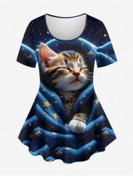 Plus Size Glitter 3D Cute Cat Blanket Stars Galaxy Print Short Sleeves T-shirt -  