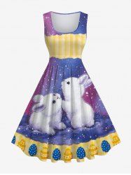 Plus Size Cute Rabbit Striped Colored Egg Ombre Galaxy Painting Splatter Print Sleeveless A Line Dress -  