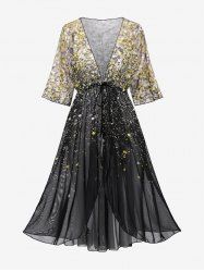 Plus Size Paint Splatter Sparkling Sequin 3D Print Mesh High Low Cinched Swimsuit Cover Up -  