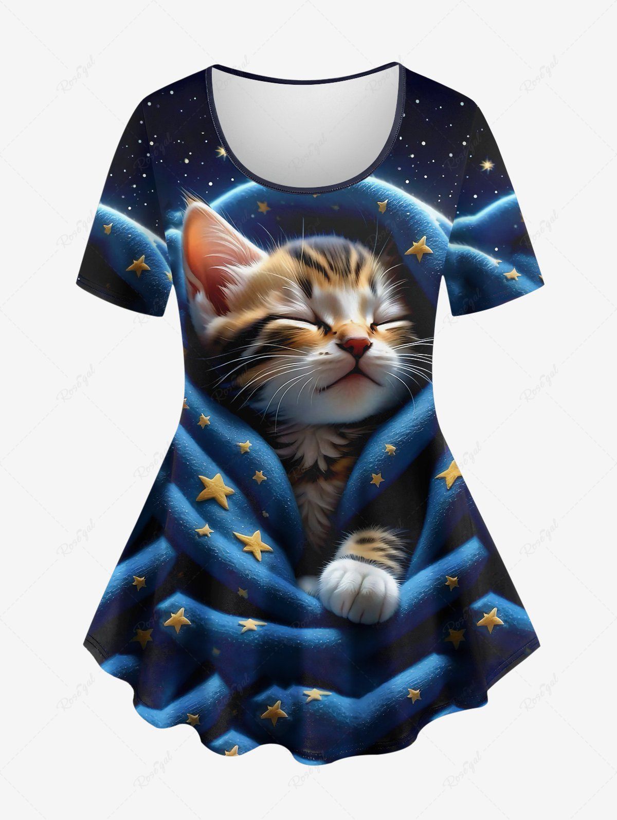 Unique Plus Size Glitter 3D Cute Cat Blanket Stars Galaxy Print Short Sleeves T-shirt  