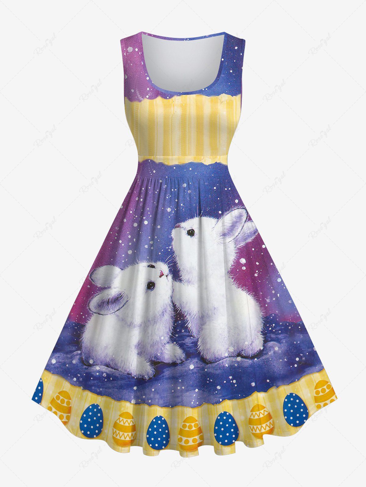 Discount Plus Size Cute Rabbit Striped Colored Egg Ombre Galaxy Painting Splatter Print Sleeveless A Line Dress  