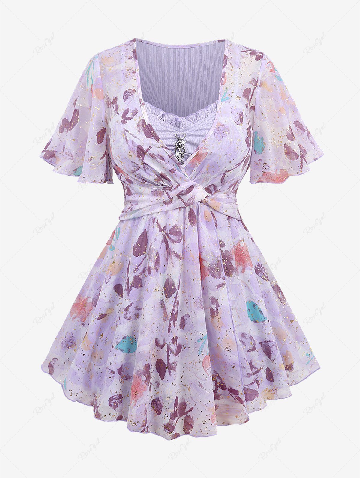 Buy Plus Size Floral Print Hot Stamping Chain Panel Ruched Twist Surplice Ruffles 2 In 1 Blouse  