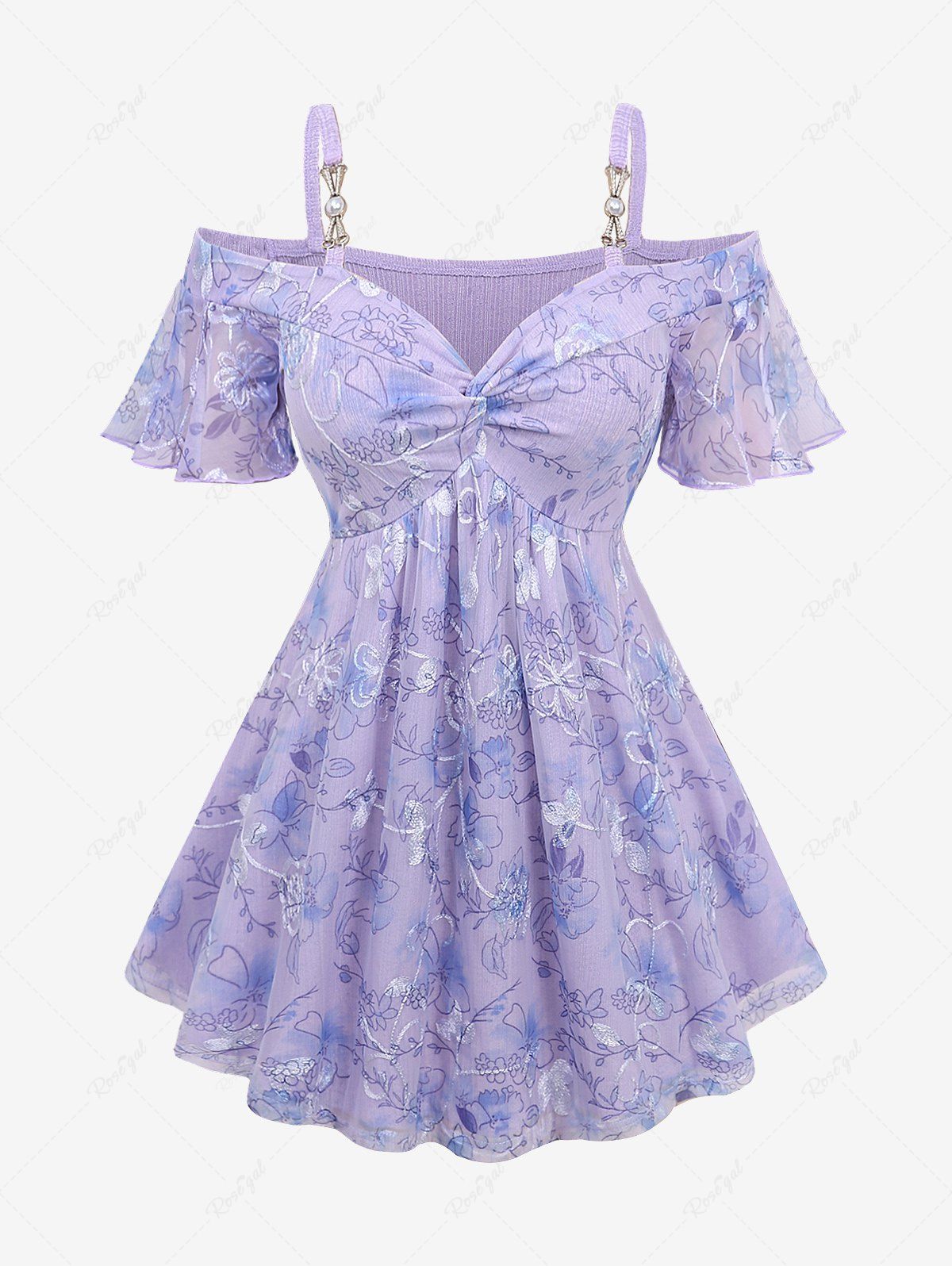 Haut Fleur Imprimée Brodée Perlé Tordu à Epaule Dénudée de Grande Taille Violet clair M | US 10