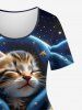 T-shirt Couverture 3D Etoile Chat Galaxie Imprimés de Grande Taille à Manches Courtes - Bleu profond 6X