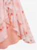 Plus Size Flower Print Ruffles Ruched V Buckle Ribbed Textured Tulip Hem Asymmetrical 2 In 1 Blouse -  